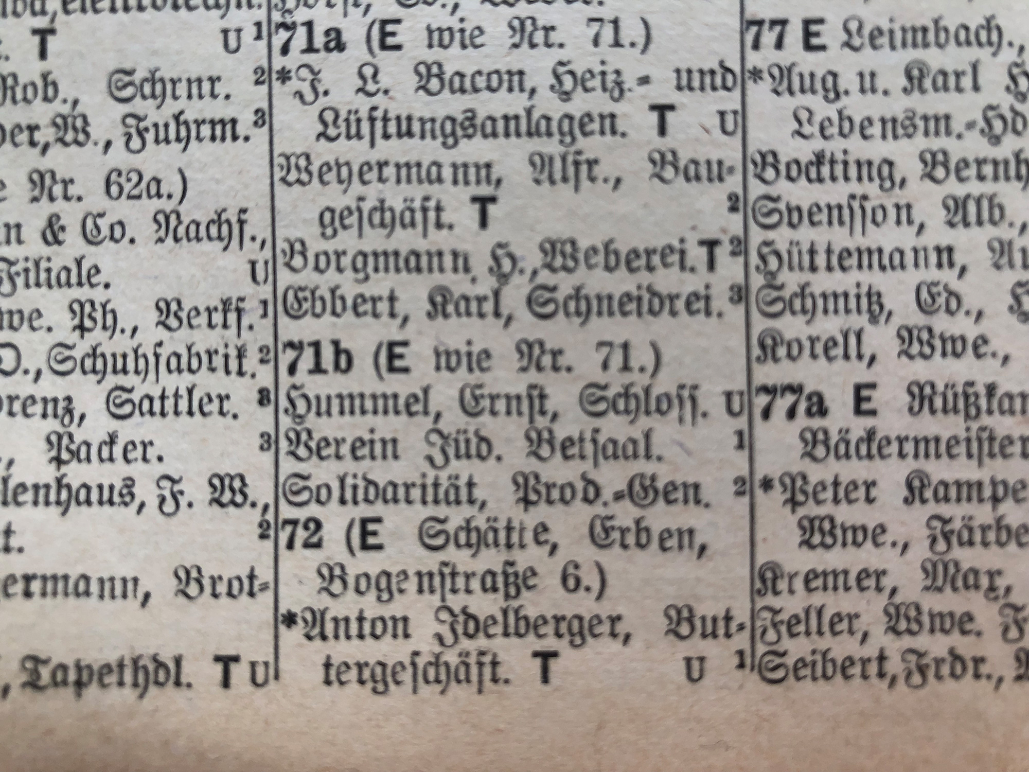 Eintrag des „Vereins jüdischer Betsaal“ Hochstraße 71b, Adressbuch Elberfeld1925